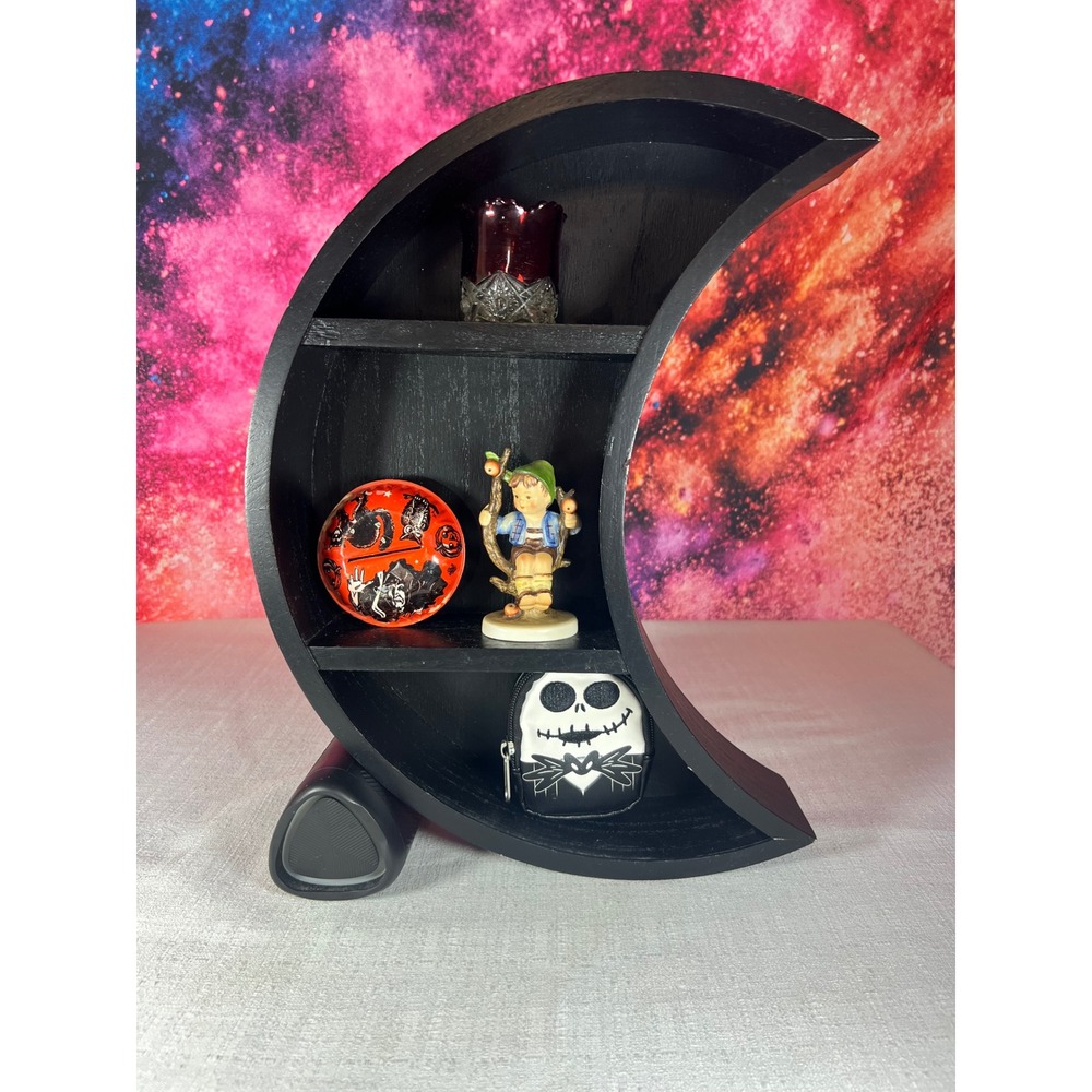 Black Crescent Moon Wall Shelf Wooden Celestial Floating Display Curio Rack